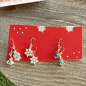 Set of Three Festive Christmas Holiday Snowflake and Tree Snowman Earrings